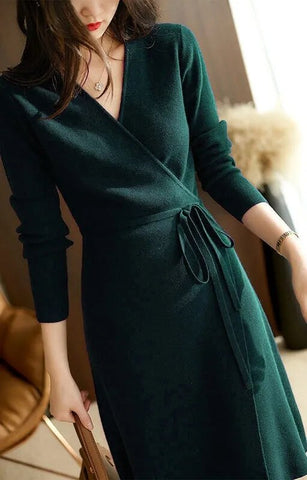 Autumn/Winter Women's V-neck Lace Up Wrap Up Dress New Korean Version Loose and Elegant Commuter Style Knitted Dress