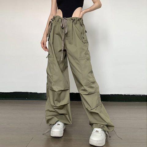 Y2K Green Low Waist Cargo Parachute Pants Women Hip Hop Streetwear Oversized Drawstring Wide Leg Trousers Harajuku Retro