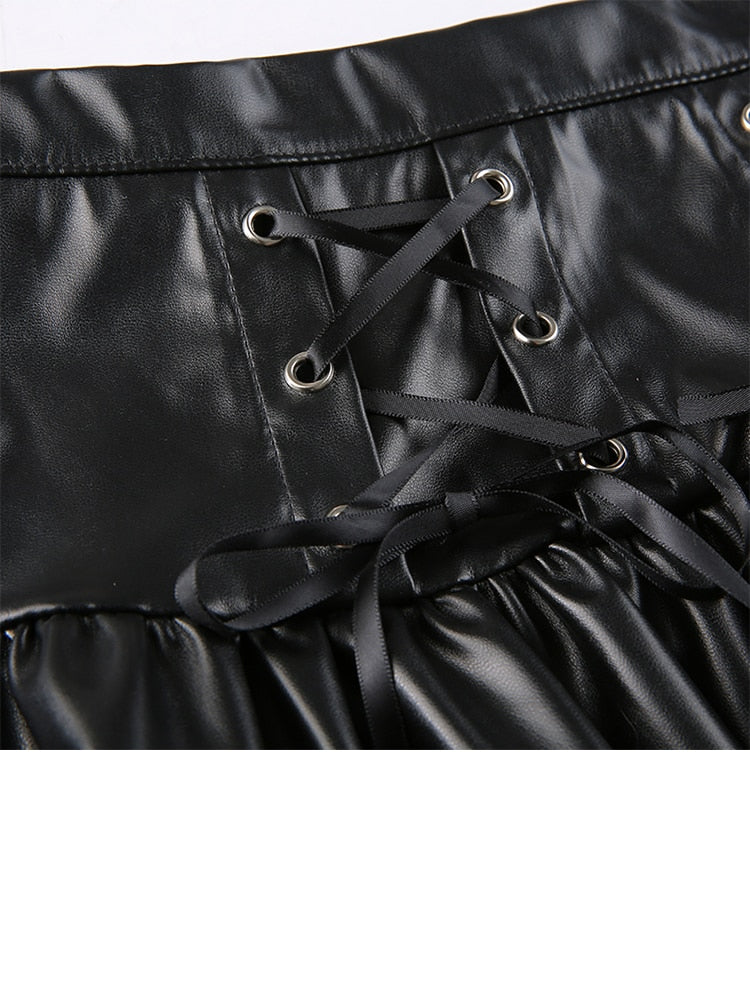 Gothic Bandage Pu Pleated Skirt Darl Black Leather High Waisted Mini Skirts Women Fashion Preppy Style Streetwear