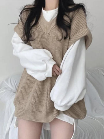 Autumn Winter Sweater Vest Women Korean Fashion Preppy Style Knitted Sweater Female Oversized Casual Loose Sleeveless Pullovers