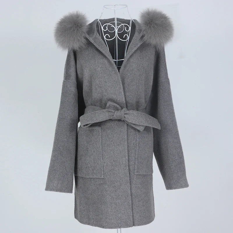 New Oversize Loose Cashmere Wool Blends Real Fur Coat Winter Jacket Women Natural Fox Fur Collar Hood Outerwear Belt