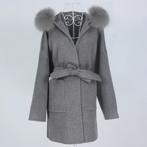 New Oversize Loose Cashmere Wool Blends Real Fur Coat Winter Jacket Women Natural Fox Fur Collar Hood Outerwear Belt