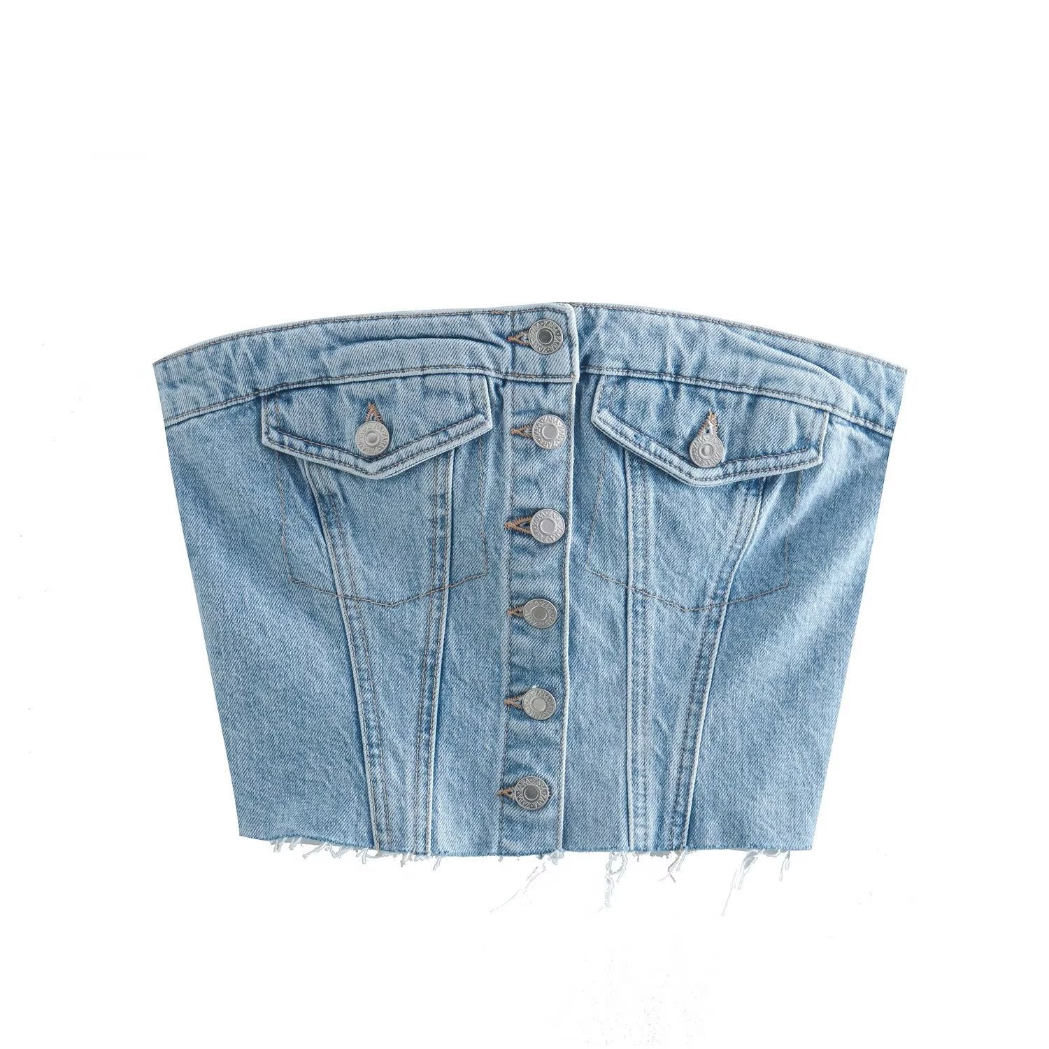 Denim Fake Pocket Splicing Corset Top Women Fashion Sexy Slim Vest Sleeveless Streetwear Crop Tops Female Clothing