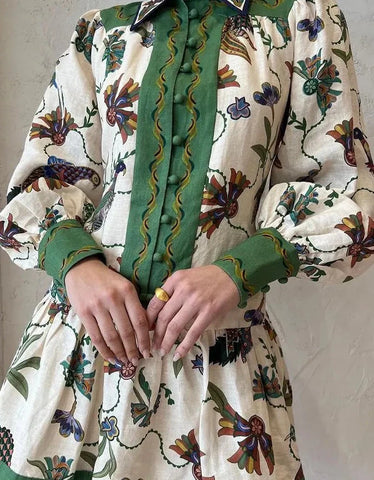 Vintage Floral Print Mini Dress Women Long Lantern Sleeve Single Breasted Fashion Holiday Dresses Summer Loose Casual New