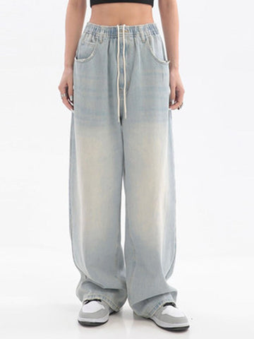 Women American Vintage Baggy Jeans Elastic Waist Oversized Long Trouser Denim Pant Wide Leg Streetwear Straight Basic Daily