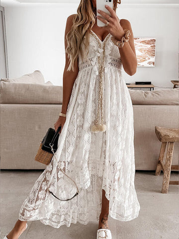 Boho Dress Women Summer Maxi Dress Lady Off Shoulder Holiday Lace V Neck Spaghetti Strap Sundress White Dress