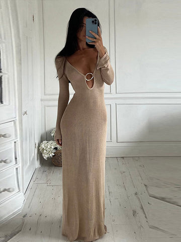 Solid Sexy Hollow Out Backless Female Knitted Dress Deep V Neck Long Sleeve Maxi Dresses Lady Beach Vocation Party Vestidos