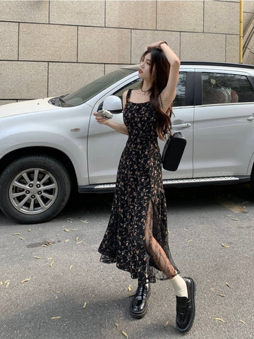 Y2k Vintage Black Floral Dress Women Korean Style Mesh Irregular Split One Piece Slip Long Chiffon Fairy Dresses Summer