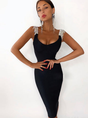 New Summer Tassels Bandage Dress Women Sexy Spaghetti Strap Fringe Midi Celebrity Runway Evening Party Dress Vestidos