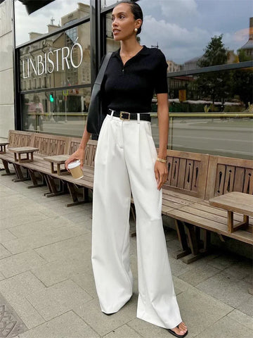 Fashion High Waist Pocket Women's Pants Y2k Outfit White Patchwork Casual Wide Leg Trousers Autumn Loose Slim Female Pants