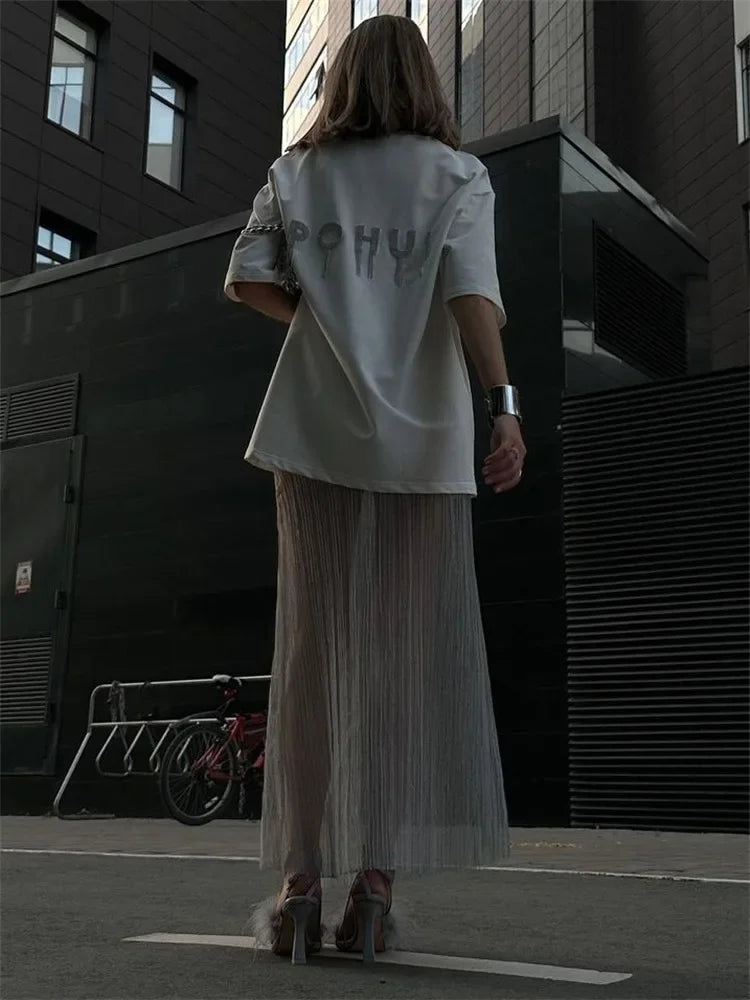 Mesh Pleated See-Through Long Skirt For Women Sheer Sexy Hollow Out Holiday Beach Skirt Female High Waist Y2k Maxi Skirt