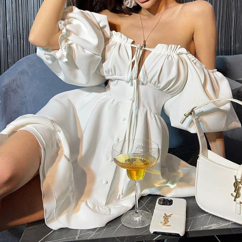 Sexy Tube Top Backless Puff Sleeves Nightclub Mini Dress Solid Color Cascading Ruffles A-line Skirt Ladies Elegant Party Dresses