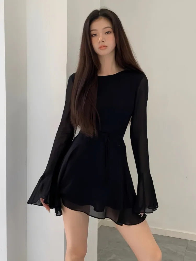 Backless Black Dress Women Elegant Back Hollow Out Lace-up Long Sleeve Mesh Patchwork Sexy Slim Ruffle Mini Dress Party