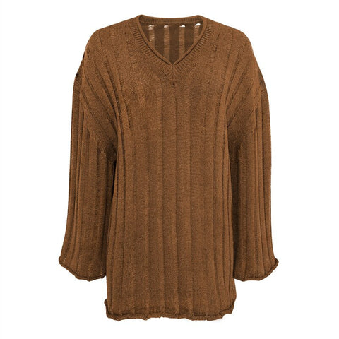 V-Neck Oversized Women's Sweater Long Sleeve Hollow Out Striped Knit Tops Winter Trend Casual Loose Pullover Sweaters