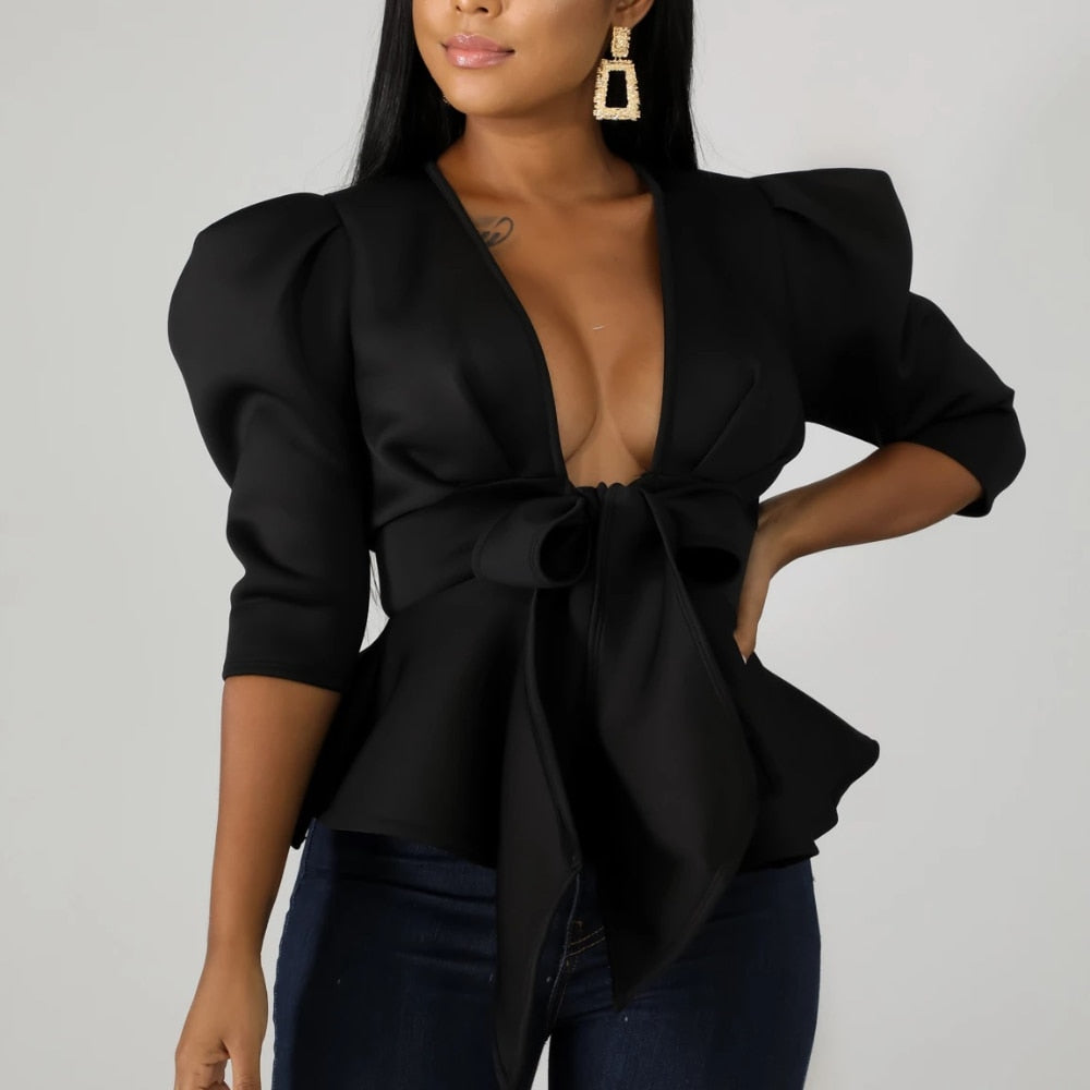 Pbong mid size graduation outfit romantic style teen swag clean girl ideas 90s latina aestheticWomen Peplum Blouse Tops with Waist Belt Bowtie Half Sleeves Deep V Neck Sexy Party Clubwear Night Date Out Evening Bluas Ladies