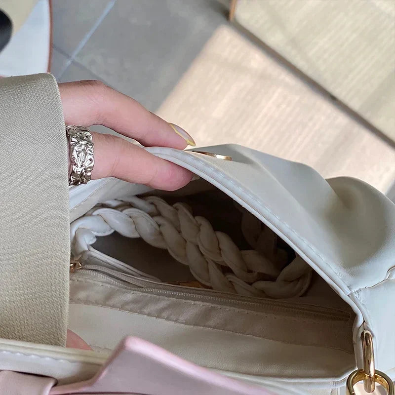 Sweet Bowknot Women Shoulder Bag Braided Strap Ladies Cute Underarm Bags Pleated PU Leather Female Purse Handbags Crossbody Bag