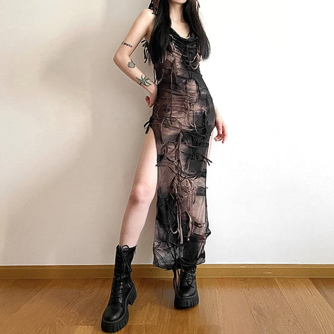 Goth Dark Tassel Vintage Gothic Hooded Midi Dresses Fairy Grunge Y2k Sexy High Split Dress Female Sleeveless Tie Dye Streetwear