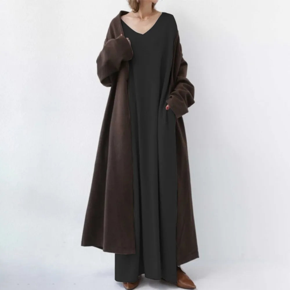 New Large Size Casual Dress Fall Fashion Ladies V Neck Long Sleeve Pocket Simple Knit Large Swing Loose Dress