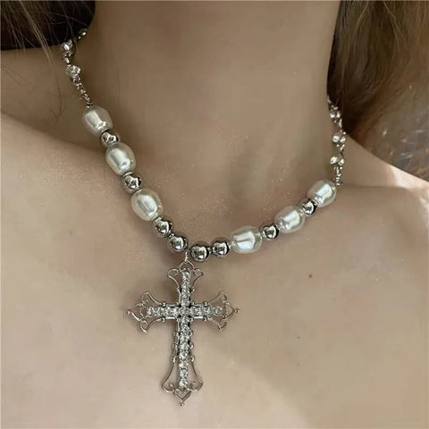 Punk Y2K Pearl Cross Pendant Necklace Hip Hop Retro Women Religious Zircon Chain Necklaces Girls Party Trendy Jewelry Gifts