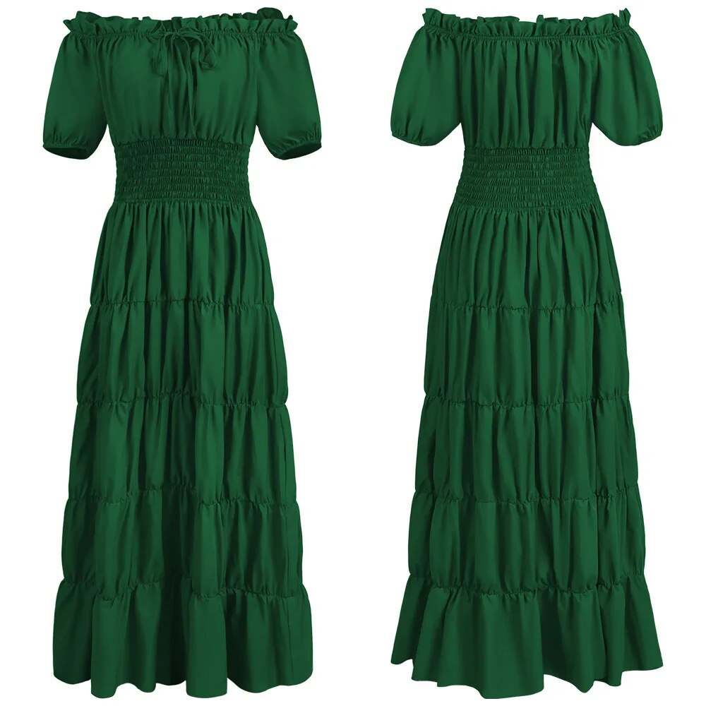 Elegant Medieval Renaissance Dress Boho Short Sleeves Off Shoulder Smocked Waist Retro Pleated Long Dress Costume Gown