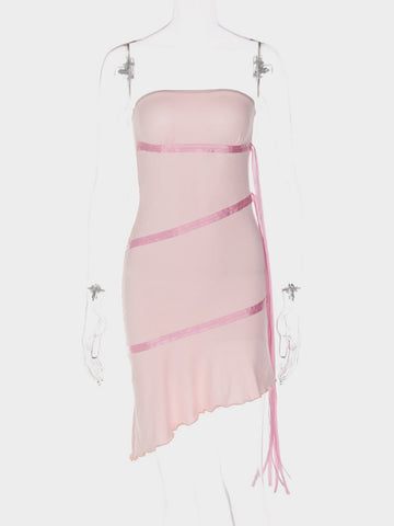 Sexy Strapless Ribbon Ruffles Women Dress Pink Backless High Elastic Dress Female Summer Skinny Hot Spil Party Clubwear