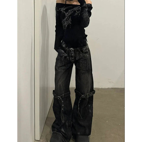 Black Women's Jeans High Waist Hip Hop Straight Fashion Pants Streetwear Harajuku Y2K Star Female Wide Leg Denim Trouser