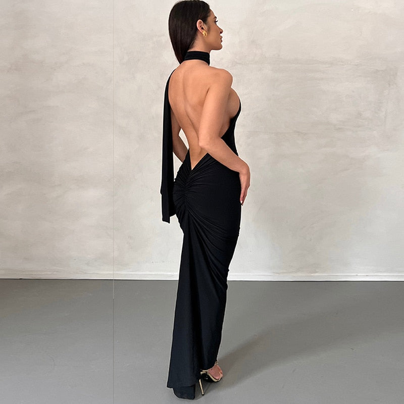 Elegant Backless Party Dress for Women Summer Sexy Halter Neck Bodycon Maxi Dress Evening Club Long Dress Black Vestido