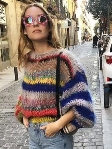 Fashion Striped Multi Color O Neck Sweaters Casual Long Sleeve High Elastic Pullover Top Autumn Winter Female Warm Sweaters