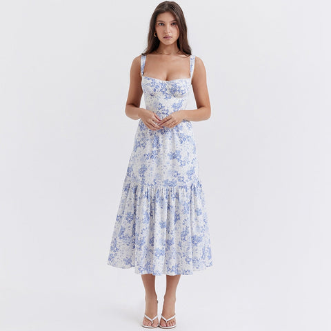 Blue Midi Floral Print Women's Summer Dress Elegant Long Casual Holiday Party Dress Streetwear New In Dresses