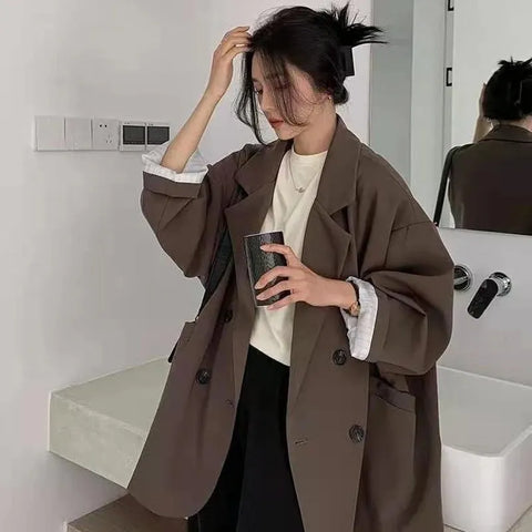 Vintage Brown Blazer Women Elegant Official Ladies Spring Autumn Fashion Long Sleeve Oversized Chic Casual Suit Jacket