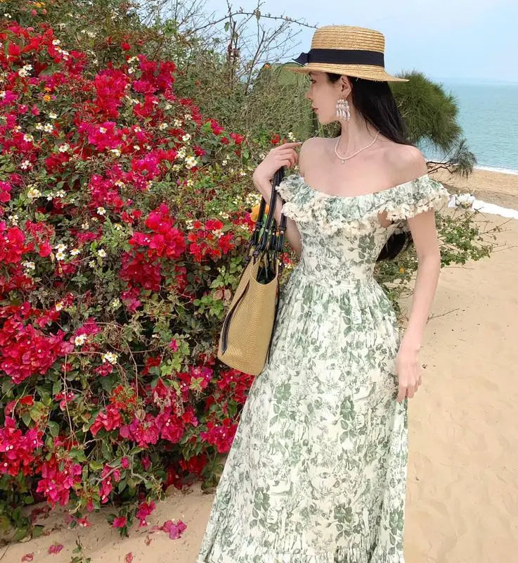 Vintage Korea Fashion Clothing Summer Slim A Line Ruffled Elegant Women Floral Print Chic Vest Dress Backless Pleated Sundress