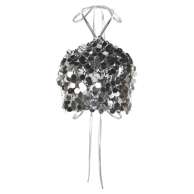 Crop Tops Woman Silver Sequin Matte Trendy Design Sexy Hot Avant-Garde High Street Personality Women's Lace-Up Vest Women