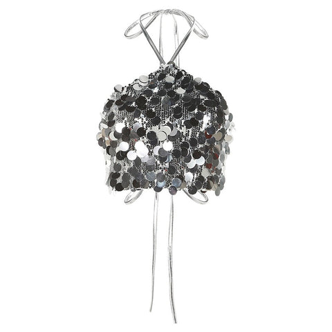 Crop Tops Woman Silver Sequin Matte Trendy Design Sexy Hot Avant-Garde High Street Personality Women's Lace-Up Vest Women