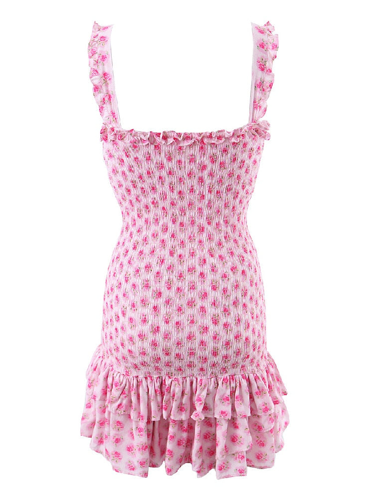 Romantic Pink Flower Print Corset Ruched Elastic Body Sling Mini Dress Woman Wood ears Ruffles Hem Package Hips Holiday Robe