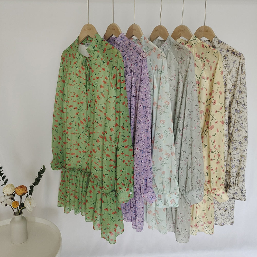 Summer Floral Print Chiffon Dress for Petite Women Sexy A-line Mini Dress with Flower Long Shirts Loose Women Ruffles Blouse Top