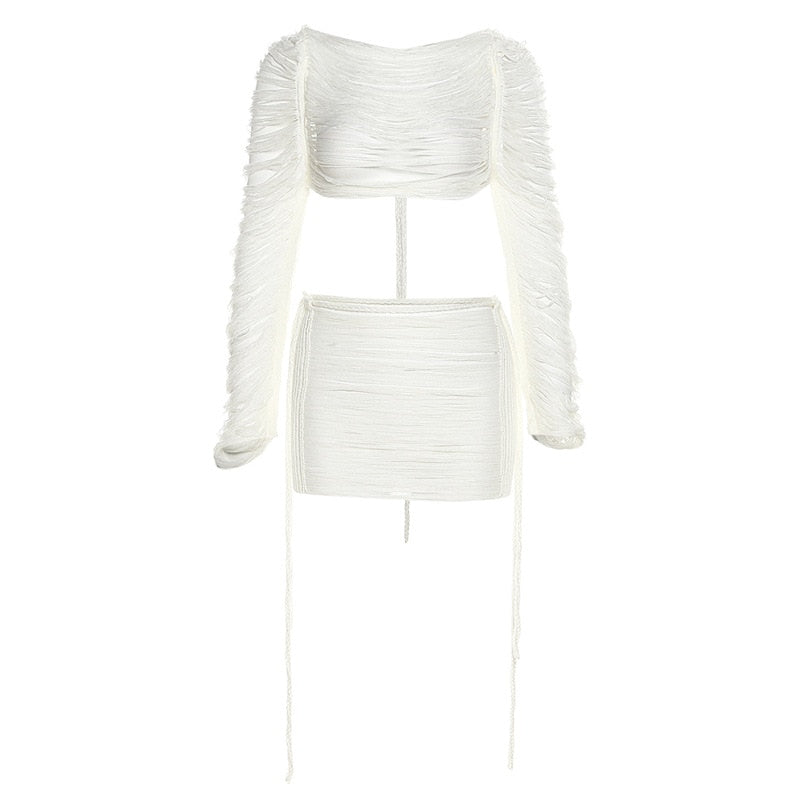 Gradient Knit Hollowed-out Two Piece Set Women See-through Backless Long Sleeve Cropped top +Low Waist Fringed Skirt Suit