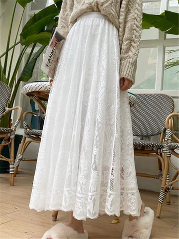 Vintage Women's Lace Crochet Umbrella Long Skirts Bohemian High Waist Hollow Out Female Maxi Skirts Spring Summer