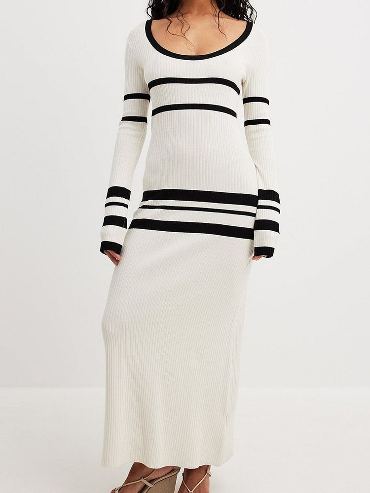 Pbong - Striped Long Dresses Women Elegant Chic Bodycon White Knitted Dress Female Autumn Winter Causal Long Sleeve Warm Sweater Dress