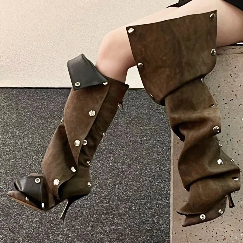 Metal Button Spliced Denim Boots High Heel Boots 2023 High Barrel Boots 34-45 Internet Celebrity Auto Show Model Fashion Boots