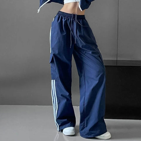 Women Striped Patchwork Cargo Pants Y2K High Waist Baggy Wide Leg Trousers Bf Hip Hop Joggers Sweatpants Straight Sports Pants