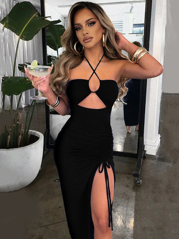 Halter Hollow Out Drawstring Long Dress Women Fashion Sleeveless Backless High Split Elegant Ruched Dress Vestidos