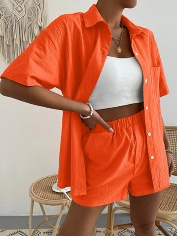 Summer Casual Ladies 2 Piece Fashion Short Sleeve Lapel Cardigan Tops and Elastic Waist Pocket Shorts Set Solid Loose Women Suit