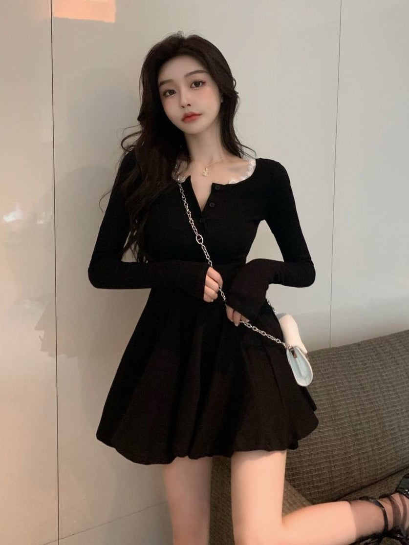 Black Wrap Dress Women Korean Style Bodycon Lace Long Sleeve Short Dresses Autumn Kpop Outfits Solid