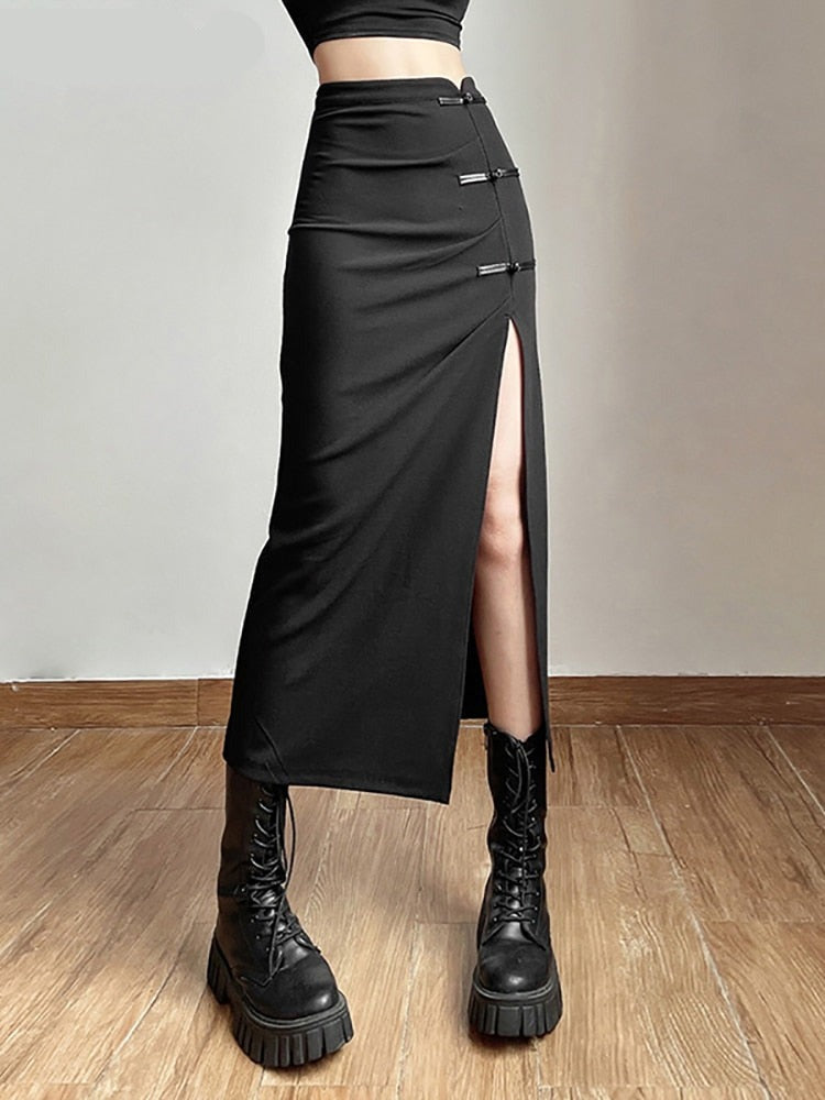 Goth Dark Streetwear Black Y2k Cargo Midi Skirts Grunge Gothic Split Sexy High Waist Skirt For Women Korean Fashion Fall Bottoms