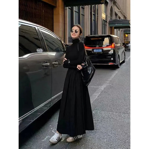 New French Style Temperament Women's High-Grade Black Dress Hepburn Style Gray Turtleneck Dress for Women Autumn and Winter