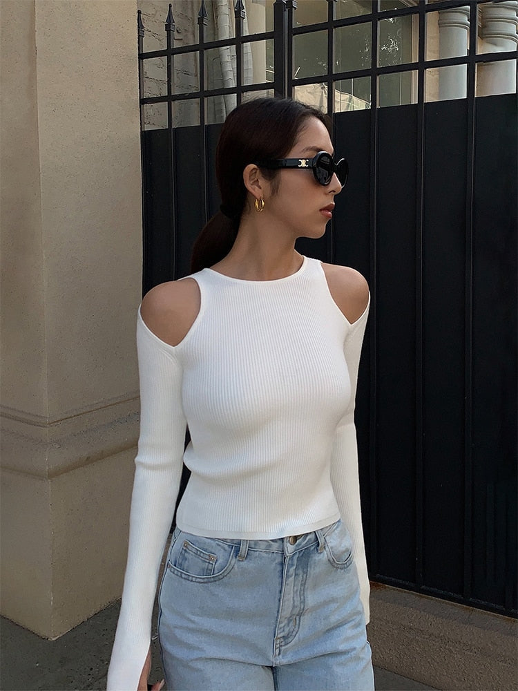 Spring Women Long Sleeve O-Neck Knit Crop Tops Hollow Out Knitwear Streetwear Design Korean Fashion T Shirts Aesthetic Vintage