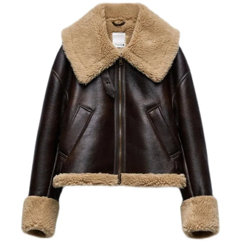 New Winter Moto Biker Thick Short Coat Women Streetwear Lapel Zipper Faux Lamb Leather Jacket Lady Warm Pu Outwear