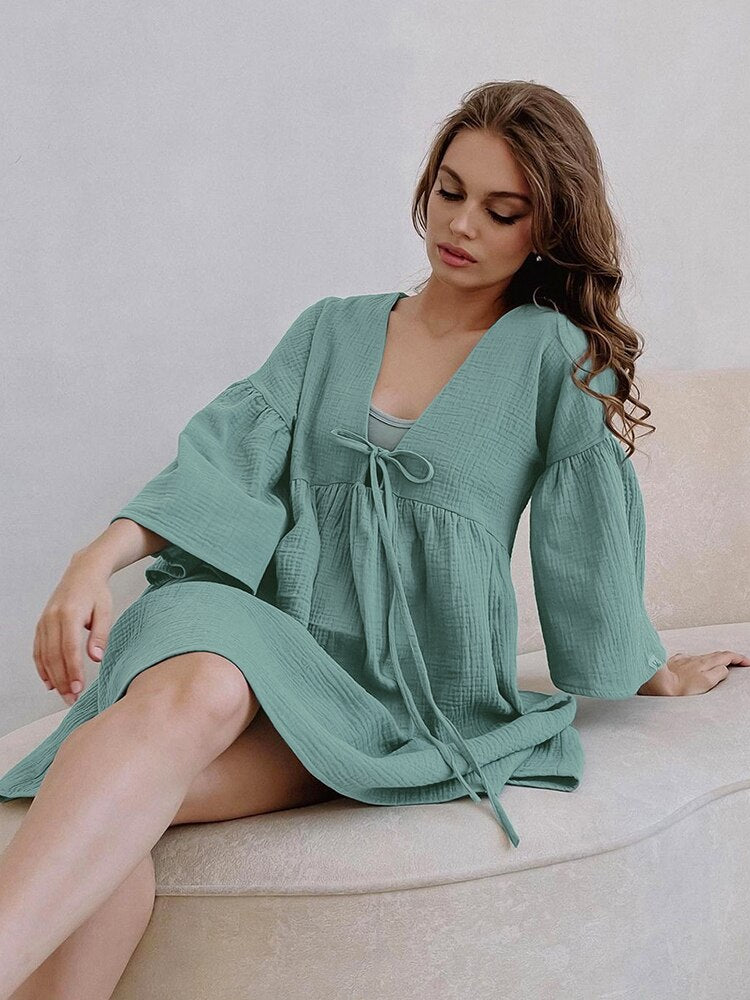 Peplum Half Sleeve Cotton Night Dress Women V Neck Sleepwear Female Summer Casual Woman Dresses Loose Solid Pajamas