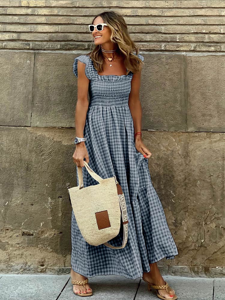 Elegant Square Collar Plaid Summer Dress Women A-line Elastic Khaki Ruffled Dresses Beach Party Sleeveless Maxi Dress