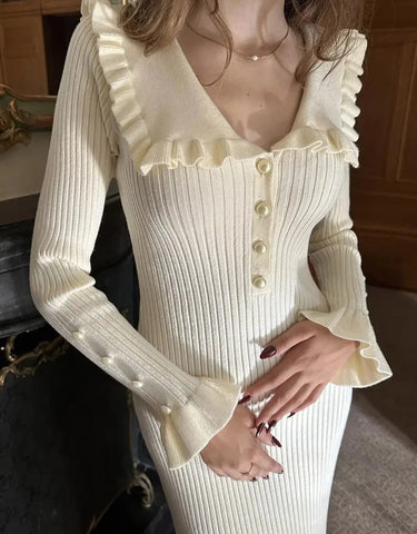 Elegant Ruffled Women Dress Long  Pit Stripe Knit Dresses For Winter Autumn Retro Lapel Pearl Button Fall Fashion Vestidos Robes